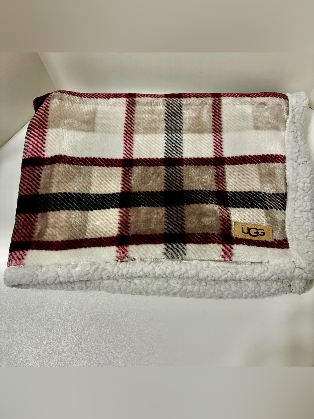UGG Plaid Sherpa Pillowcase in Cream, Brown & Burgundy